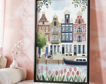 Amsterdam stadslandskapstavla: Färgglad nedladdningsaffisch med Nederländerna