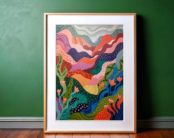 Abstrakte Landschaft Kunstdruck: Bunte florale Berg Illustration (Digitaler Download)