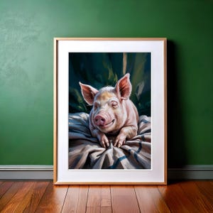 Cozy Pig Art Print – Whimsical Sleeping Pig Portrait, Cute Farmhouse Wall Art, Rustic Animal Decor, Country Aesthetic Digital Download