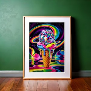 Trippy Disco Ball Ice Cream Print: Y2K Neon Wall Art (Digital Download)
