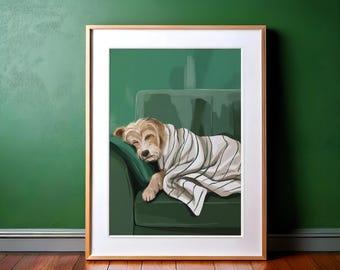 Sleeping Dog Print: Minimalist Pet Art on Green Couch (Digital Download)