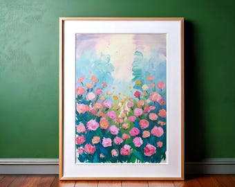 Spring Flower Field Oil Painting: Vintage Meadow Landscape (Digital Download)