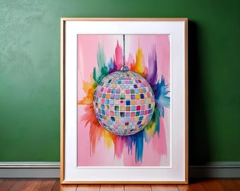 Pink Disco Ball Print: Hand-Drawn Watercolor Art (Digital Download)
