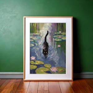 Cat & Waterlily Print – Funny  Poster, Whimsical Cat Wall Art Home Decor Gift Printable Art  Arte Botanical Botanics