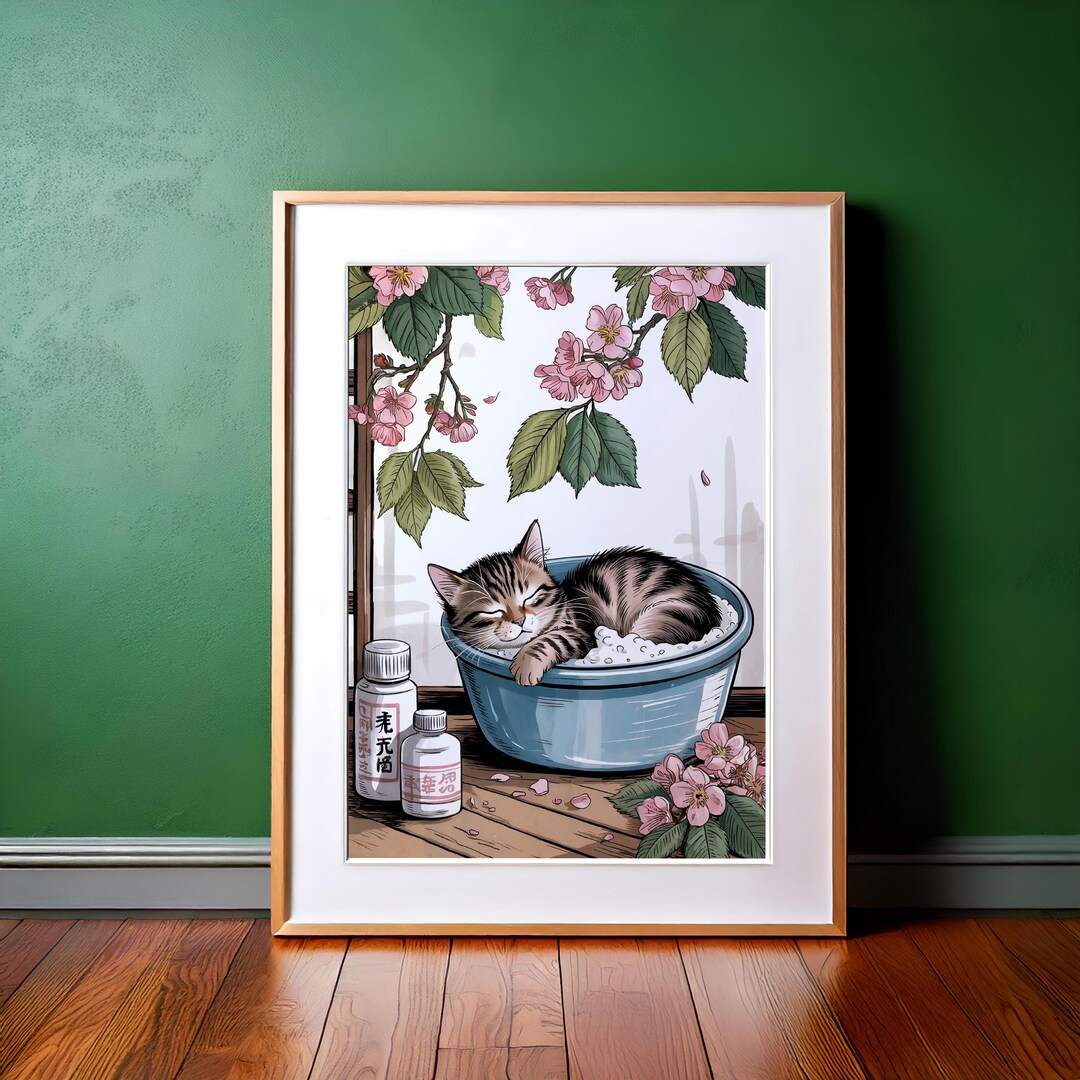 Tabby Cat in Bathtub Japanese Art Print: Zen Bathroom Decor (digital ...