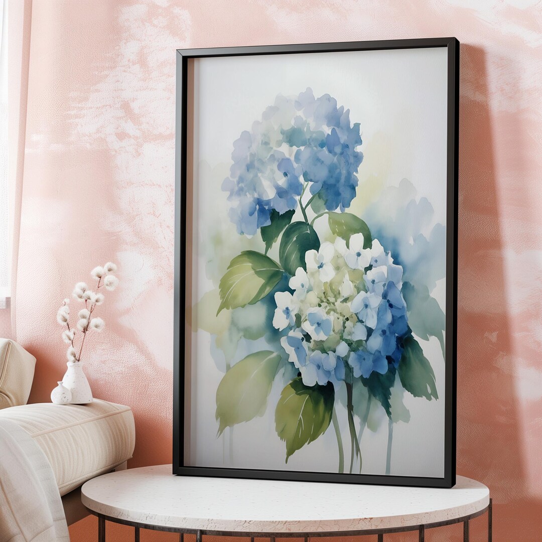 Blue Hydrangea Watercolor Print: Farmhouse Floral Wall Art (digital ...
