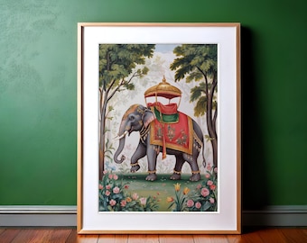 Indian Art: Vintage Palace Elephant Illustration Nature Poster Prints, Animal, Living Room Decor, Printable Wall Art Boho Ethnic Elephantful