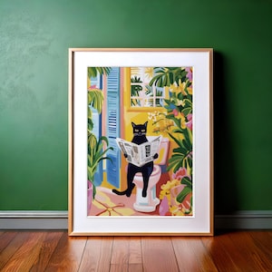 Schwarze Katze auf Toilette, Badezimmer Wandkunst, Lustig Badezimmer Dekor, Matisse Poster, Rosa Tropisches Dekor