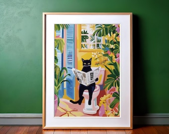 Black Cat on Toilet, Bathroom Wall Art, Funny Bathroom Decor, Matisse Poster, Pink Tropical Decor