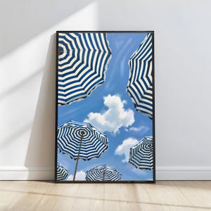 Blue Striped Beach Umbrella Print, Coastal Summer Wall Art, Nautical Beach Scene Poster, Digital Download Ocean Decor