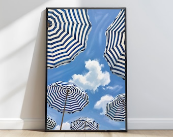 Blue Striped Beach Umbrella Print: Coastal Summer Wall Art (Digital Download)