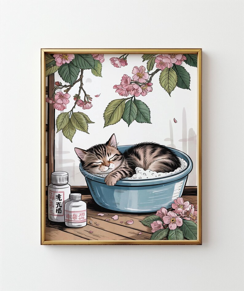 Tabby Cat in Bathtub Japanese Art Print: Zen Bathroom Decor (digital ...