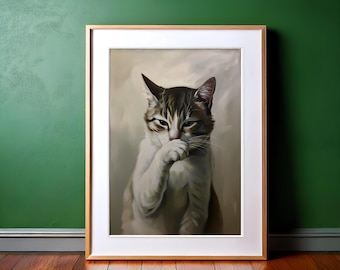 May include: A painting of a tabby cat with white paws, sitting and licking its paw. The cat has a serious expression on its face. The background is a light grey.