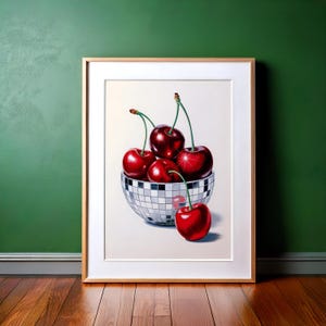 Disco Bowl of Cherries Art Print: Glam Disco Ball Art, Preppy Trendy, Kitchen Art, Wall Art Poster, Digital Download, PRINTABLE, Retro, Fun