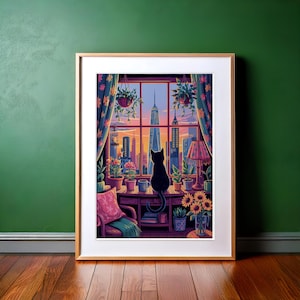 Cat in New York Cityscape Art Print: Colorful Maximalist Decor (Digital Download)