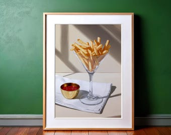 French Fries in Martini Glass Art Print: Cute Quirky Modern Still Life Oil Painting, Gift for Her, Cocktail and Food Bar Cart Decor
