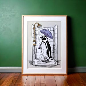 Funny Rockhopper Penguin Art Bathroom Wall Art Shower Room Print Vintage Surreal Print Funny Animal Art Bathroom Print, Quirky, Bird