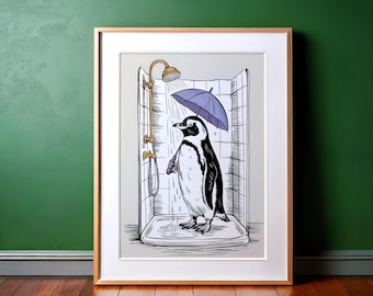 Grappige pinguïn douchekunst: eigenzinnige badkamerprint (digitale download)