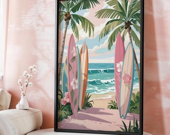 Pastel Surfboard Wall Art Print: Vintage Beach Girl Illustration (Digital Download