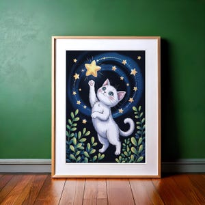 White Cat Wall Art, Night Sky Art Print, Animal Illustration, Kids Room Decor, Pet Memorial, Celestial Painting, Cats Poster, Moon Artwork