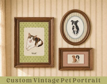 Custom Pet Portrait Vintage Style | Hand Drawn Pet Portrait from Photo Antique Oval Frame Pet Art | Retro Dog Memorial Gift