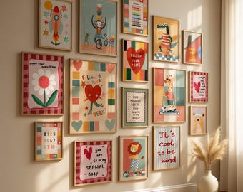 Set of 100 Hand-drawn Colorful Kid's Room Nursery Wall Art Bundle Posters,Kid Wall Gallery,Whimsical Toddler Print  Montessori Educational