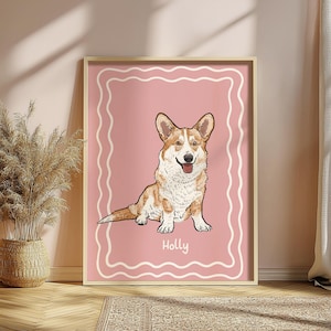 Individuelles Aquarell Haustier Portrait, Handgezeichnetes niedliches digitales Katzen Poster, Bunte Hund Galerie Wandkunst, Retro Haustier Drucke, Groovy Strichzeichnung