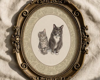 Custom Pet Portrait Vintage Style | Hand Drawn Pet Art from Photo | Antique Oval Frame | Retro Dog Cat Memorial Gift
