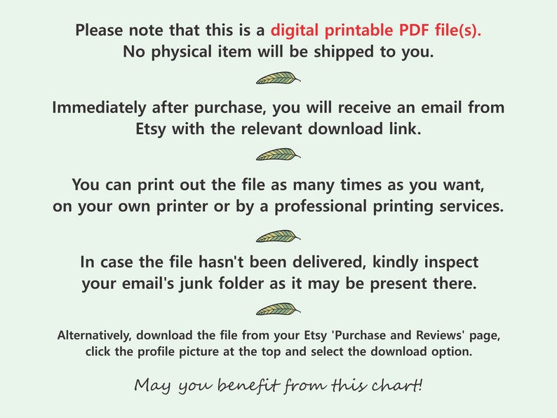 May include: Text on a light green background states this is a digital printable PDF file. It explains no physical item will be shipped, and the file can be printed as many times as desired. Includes instructions for downloading.
