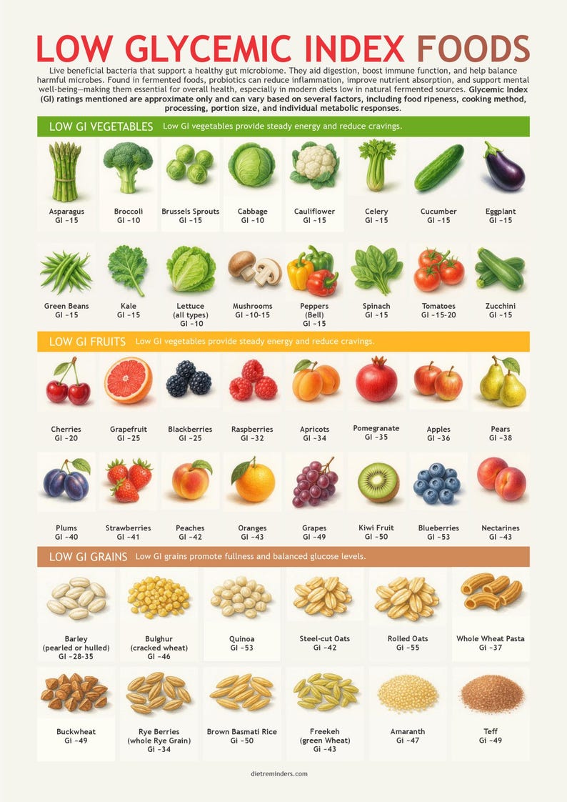 Low Glycemic Index Foods Chart Visual Guide A4 Pdf Digital Download
