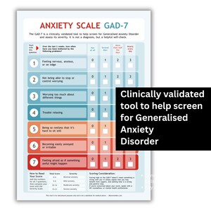 May include: Anxiety Scale GAD-7 chart. A clinically validated tool to help screen for Generalised Anxiety Disorder. The chart includes questions about anxiety symptoms and a scoring guide. The text "Clinically validated tool to help screen for Generalised Anxiety Disorder" is also visible.