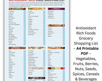 Antioxidant Food Chart | Grocery Shopping Planner for Healthy Diet & Wellness | Digital Download A4 PDF