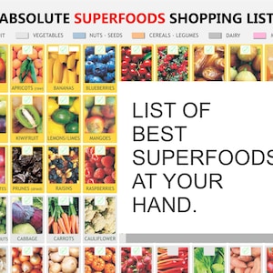 Absolute Superfoods Shopping List – A4 Printable PDF – Healthy Eating Guide, Fruits, Vegetables, Nuts, Seeds, Grains, Protein