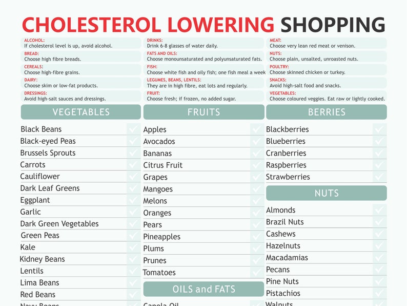 Lower Cholesterol Chart, Digital Download PDF, Lower Cholesterol, HDL and LDL Lowering, Low