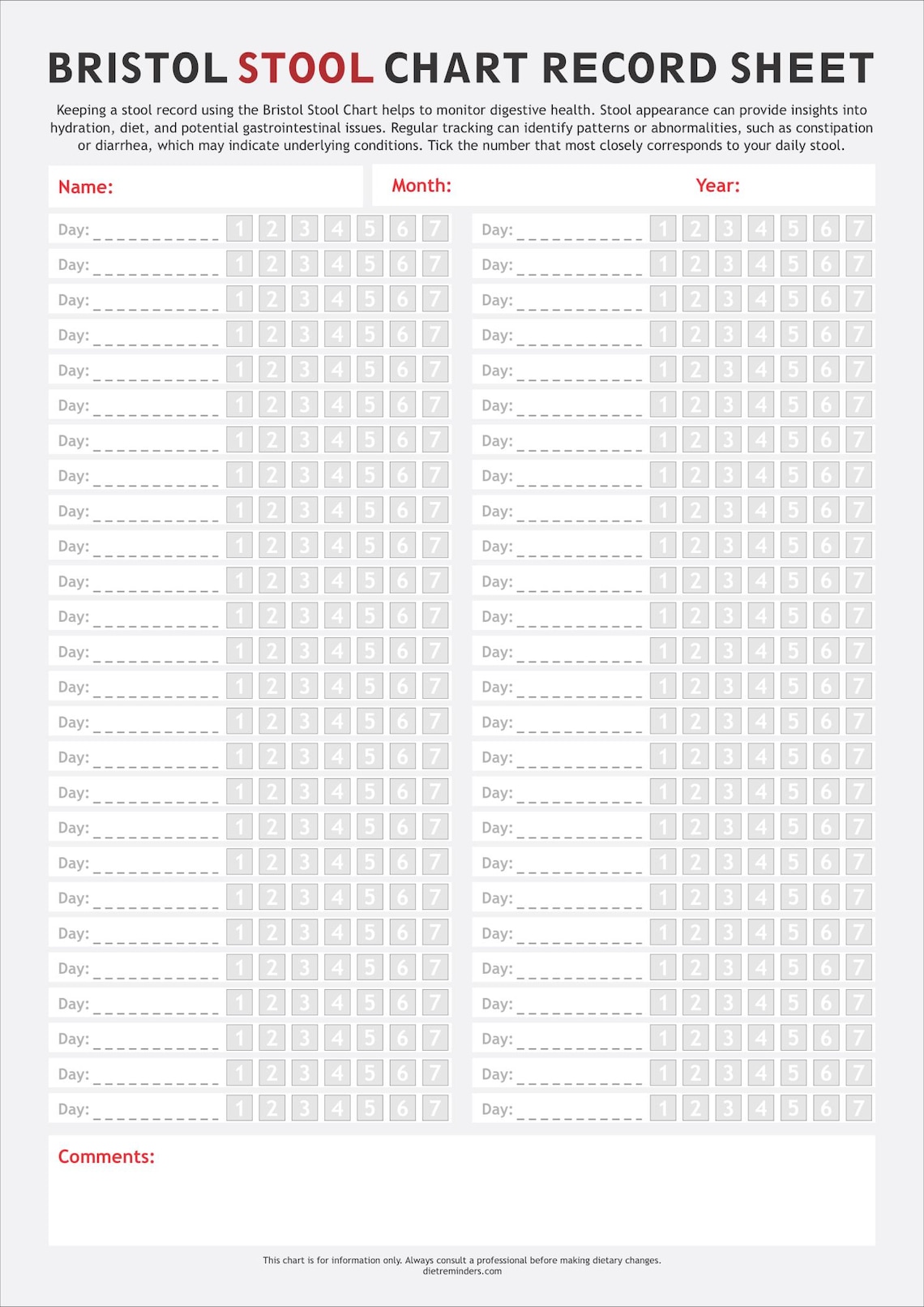 Bristol Stool Chart Plus Record Sheet: Stool Health (PDF Download) - Etsy
