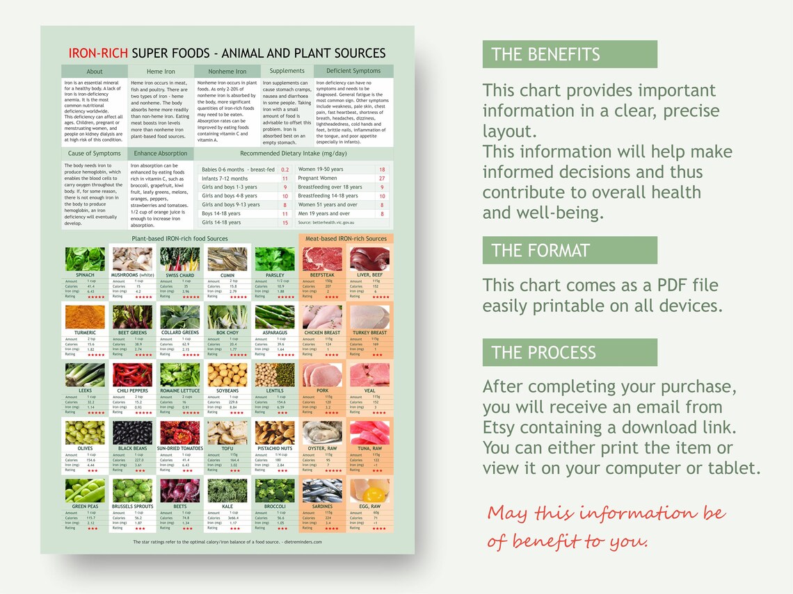 Ironrich Food Chart, Digital Download PDF, Ron Levels Chart, Plant
