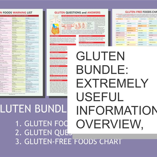 Gluten free food, Celiac disease. GLUTEN Diet Bundle of Three Chart,  instant digital download, PDF