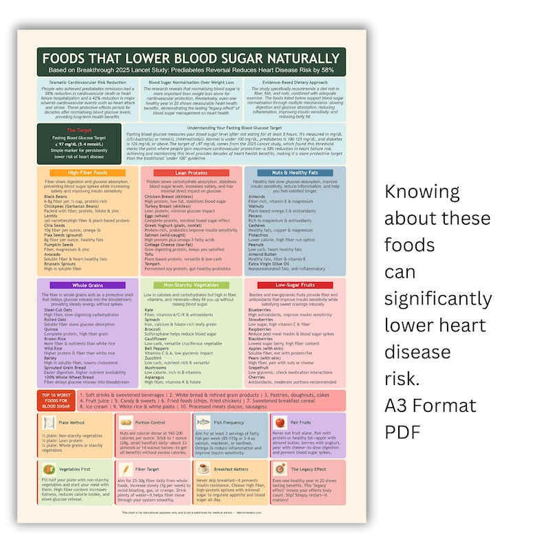 Peut inclure: Infographie color&eacute;e, format A3, sur les aliments qui abaissent naturellement la glyc&eacute;mie. Le texte indique : &laquo; Savoir quels aliments peuvent r&eacute;duire consid&eacute;rablement le risque de maladie cardiaque &raquo;. L'image liste des aliments.