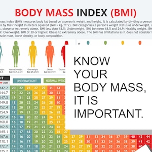 Body Mass Index Chart, Digital Download PDF, Height and Weight, Body ...