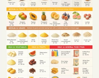 Tabla de índice glucémico de alimentos: Guía visual para una alimentación saludable (Descarga digital en formato PDF A4)