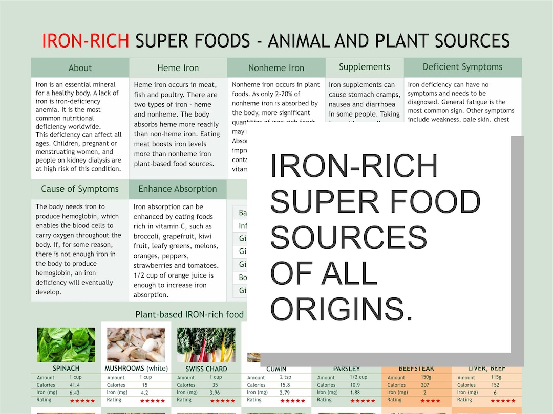 Ironrich Food Chart, Digital Download PDF, Ron Levels Chart, Plant Food Iron Rich, Iron Rich