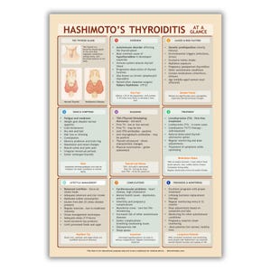 Puede incluir: Un póster médico titulado "Tiroiditis de Hashimoto de un vistazo" con información detallada sobre la glándula tiroides, los síntomas, el diagnóstico y el tratamiento. El póster incluye diagramas y cuadros de texto con datos clave.