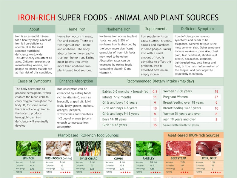 Ironrich Food Chart, Digital Download PDF, Ron Levels Chart, Plant