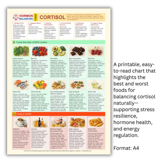 Cortisol Balancing Food Chart: Stress Relief Nutrition Guide (PDF Digital Download A4 Size)
