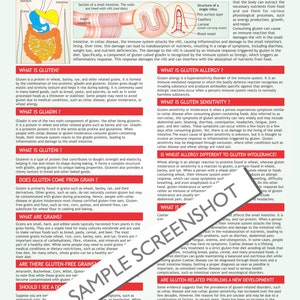 Peut inclure: Un sch&eacute;ma informatif color&eacute; avec un diagramme du syst&egrave;me digestif humain et du texte expliquant les effets du gluten sur l'intestin gr&ecirc;le. L'infographie comprend des informations sur le gluten, la gliadine, la glut&eacute;nine, l'allergie au gluten, la sensibilit&eacute; au gluten et l'allergie au bl&eacute;. Le texte est en blanc sur fond bleu.