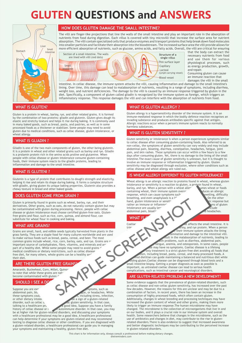 Peut inclure: Un sch&eacute;ma informatif color&eacute; avec un diagramme du syst&egrave;me digestif humain et du texte expliquant les effets du gluten sur l'intestin gr&ecirc;le. L'infographie comprend des informations sur le gluten, la gliadine, la glut&eacute;nine, l'allergie au gluten, la sensibilit&eacute; au gluten et l'allergie au bl&eacute;. Le texte est en blanc sur fond bleu.