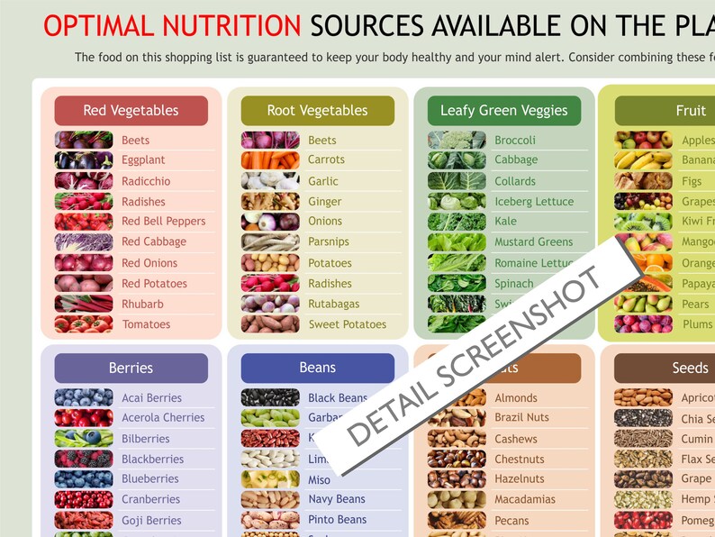 May include: Nutritional food chart with categories: red vegetables, root vegetables, leafy greens, fruits, berries, beans, and seeds. Includes images of each food item, such as apples, carrots, and almonds.