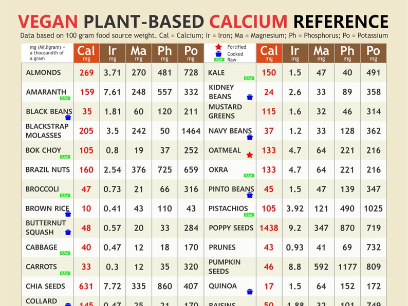 Vegan Plantbased Calcium Chart, Digital Download PDF, Vegan Calcium