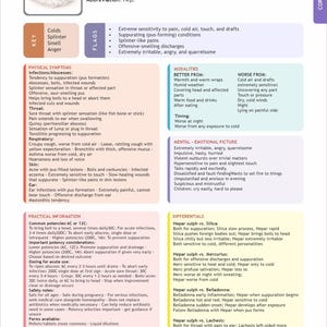 May include: A page from a book on homeopathic remedies, featuring the heading "Hepar Sulphuris Calcareum." The text details symptoms, modalities, and practical information, including dosing instructions and safety notes. The page has a white background with black text.