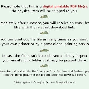 May include: Text on a light green background states this is a digital printable PDF file. It explains no physical item will be shipped. Instructions are provided for downloading the file after purchase and printing it.